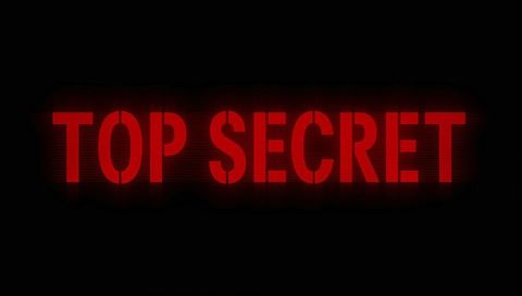 Glowing red top secret stencil typography on black backdrop, high-contrast warning graphic