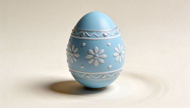 Pastel blue decorative easter egg with raised white daisies and textured zigzag bands