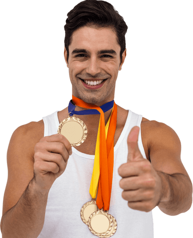 Happy Athlete With Gold Medals and Thumbs Up on Transparent Background