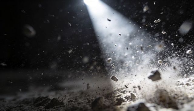 Swirling Dust and Debris Filling Dark Cellar Under Dramatic Light Beam