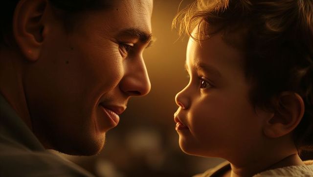 Father and toddler sharing warm gaze closeup intimate family bonding moment