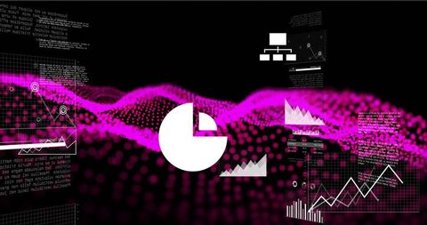 Neon Magenta Data Wave with Floating Pie Chart and Futuristic Holographic Analytics