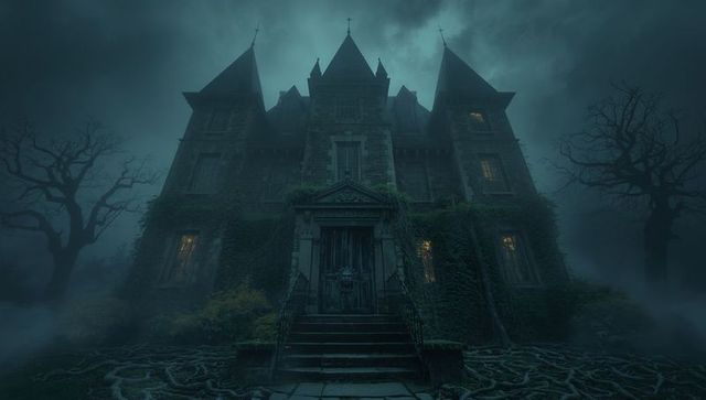 Eerie haunted mansion with gloomy fog and gothic architecture