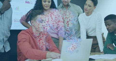 Colleagues Collaborating with 3D Data Visual in Meeting Room for Team Innovation