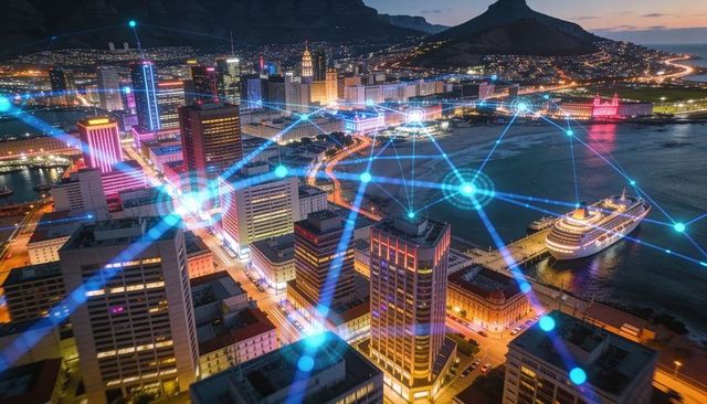 Coastal night skyline connecting with glowing blue digital network overlay and cruise ship
