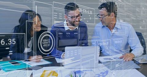 Team Analyzing Data on Laptop with Interactive HUD Dashboard, Collaboration and Analytics