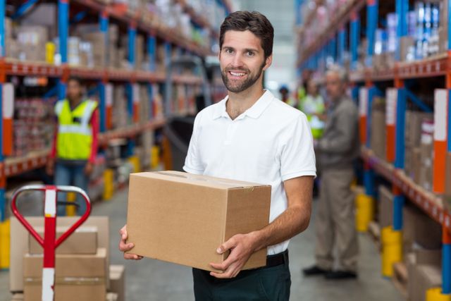 Male worker holding cardboard box in warehouse