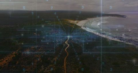 Futuristic connectivity with digital overlay above coastal landscape