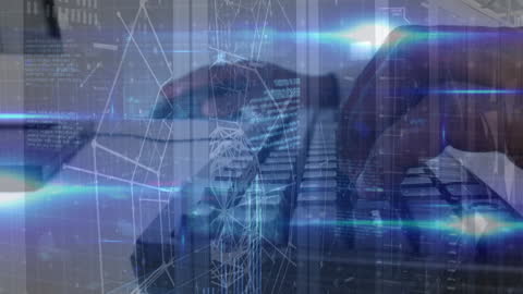 Hands Typing on Keyboard with Digital Network Overlays