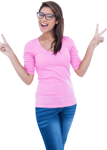 Cheerful Woman in Pink Showing Peace Sign Transparent Background - Download Free Stock Videos Pikwizard.com
