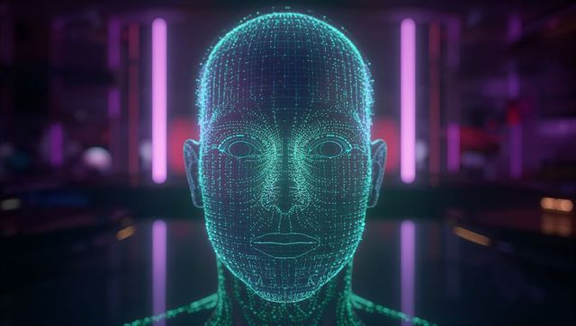 Futuristic wireframe head in neon lab environment