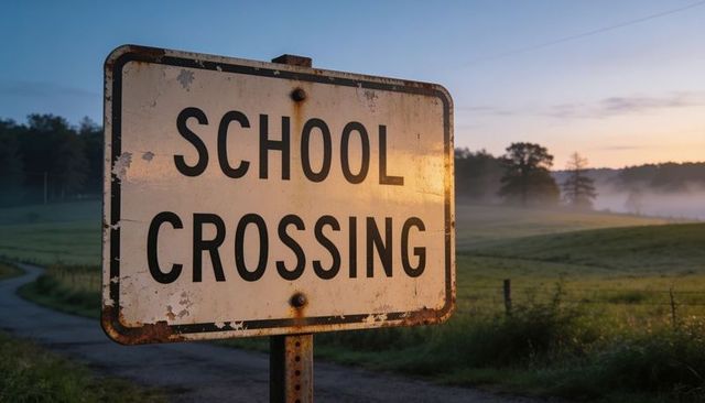 Weathered school crossing sign at misty rural sunrise on curving country road