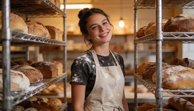 Smiling artisan baker wearing flour-dusted apron between shelves of sourdough loaves