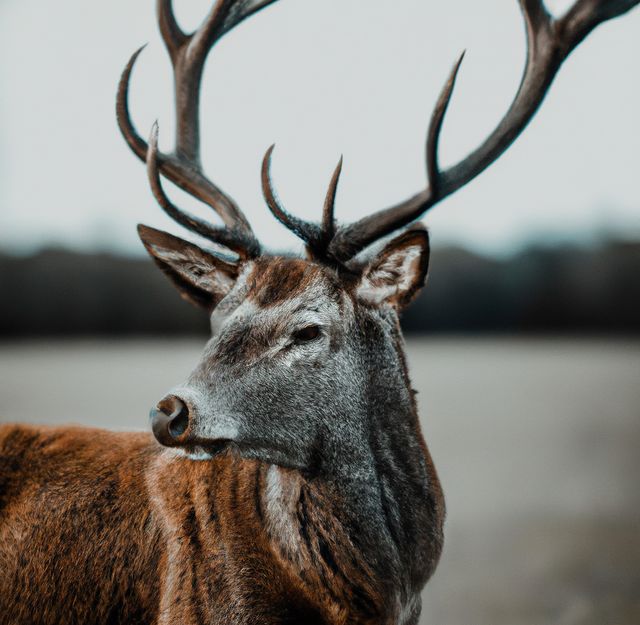 Image of close up of stag with antlers in field background. Animals, wildlife and nature concept.
