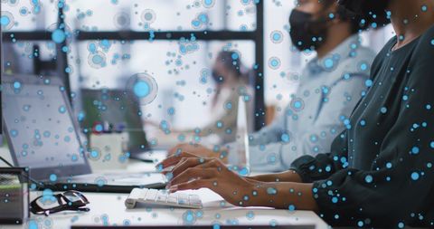 Diverse professionals collaborating with tech overlay implications