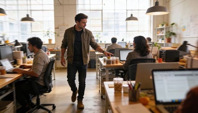 Man placing snack jars in bright open-plan coworking office encouraging team collaboration