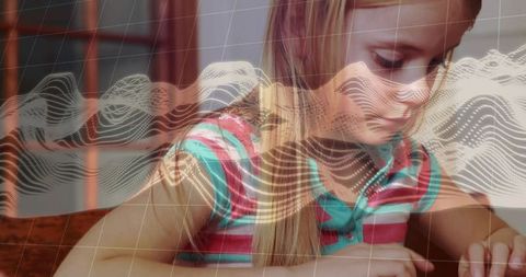 Creative young girl drawing with casually elegant striped polo