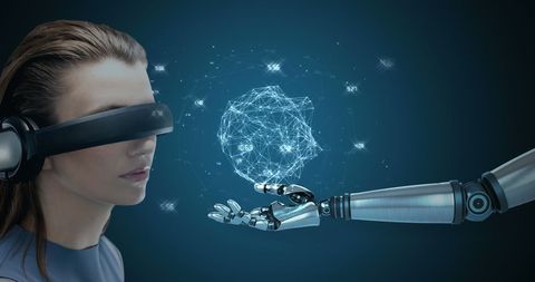 Woman in Virtual Reality Headset Interacting with Futuristic Robotic Arm - Download Free Stock Images Pikwizard.com