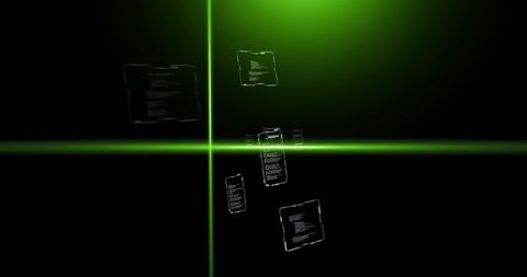 Pulsing neon crosshair with floating holographic code panels in cyber interface