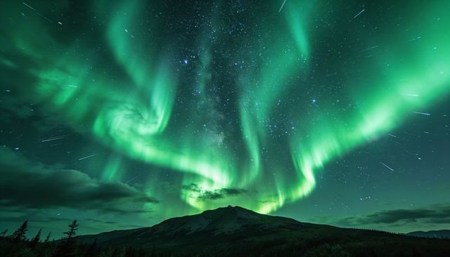 Emerald aurora swirling over mountain peak with star trails and milky way panorama