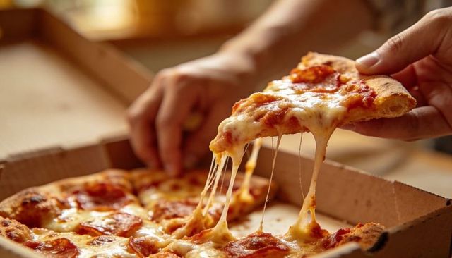 Pulling cheese-stretching pepperoni pizza slice from box, gooey cheese pull closeup