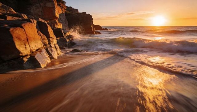 Golden sunset reflecting on wet sand with waves crashing at rocky coastal cliffs