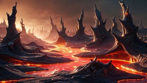 Surreal volcanic landscape with lava channels and basalt spires