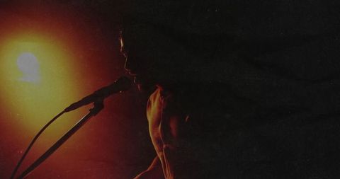 Shirtless male vocalist performing under warm spotlight