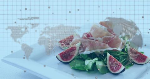 Prosciutto fig arugula salad with digital world map overlay and data grid
