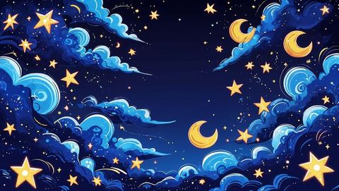 Fantasy Night Sky with Swirling Clouds, Moons, and Stars