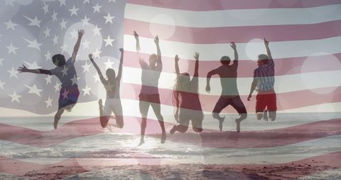 Joyful Friends Celebrating on Beach with American Flag Overlay