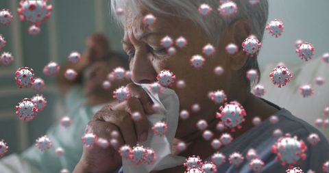 Senior woman with cold symptoms experiencing viral contamination