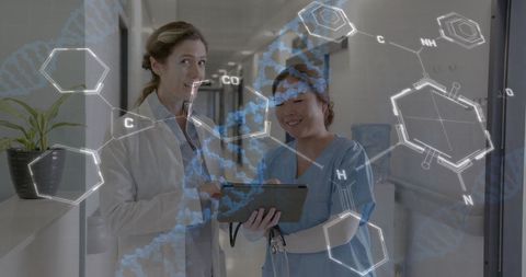 Healthcare professionals analyzing digital molecular structures
