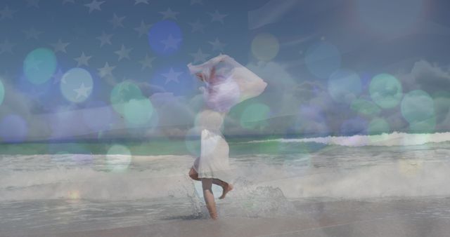 Woman Dancing Joyfully on Beach with Ethereal Overlay - Download Free Stock Images Pikwizard.com