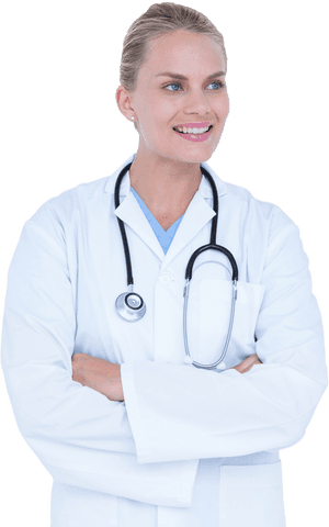 Smiling female doctor wearing white coat and stethoscope on transparent background