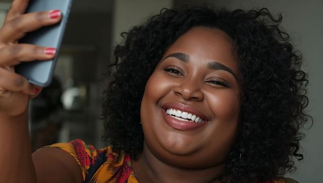Smiling woman taking selfie with smartphone wearing colorful patterned top and red nails at home