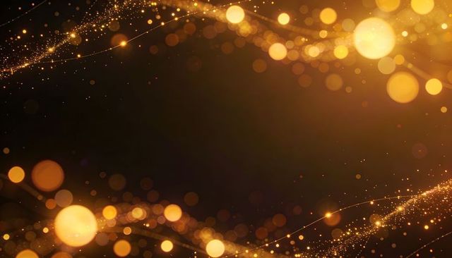 Glowing golden bokeh with sparkling trails and soft halos for festive luxury designs