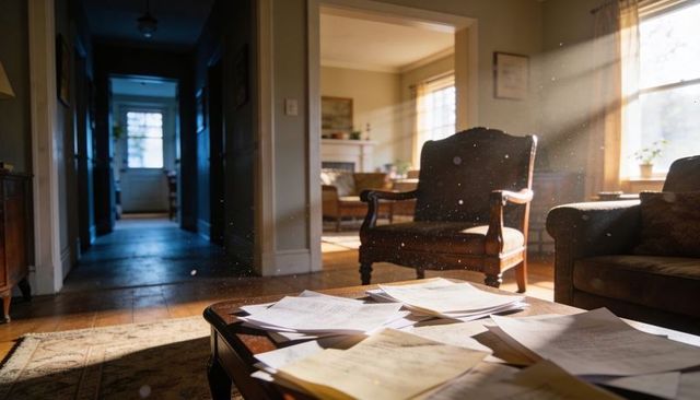 Sunlit living room with scattered papers on wooden coffee table revealing dust motes