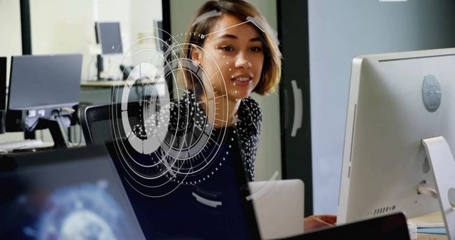 IT Professional Engages with Augmented Reality Interface in Modern Office