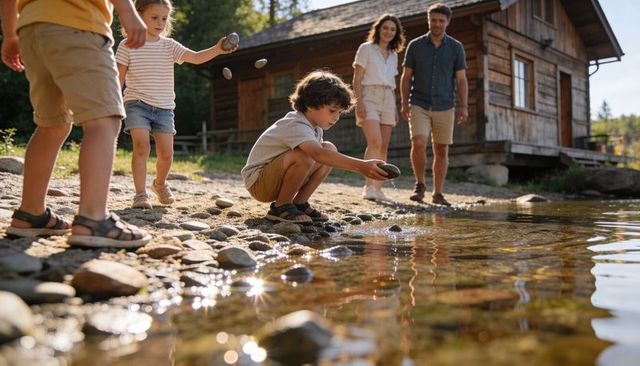 Family playing at lakeside cabin skipping stones on sunlit pebble shore