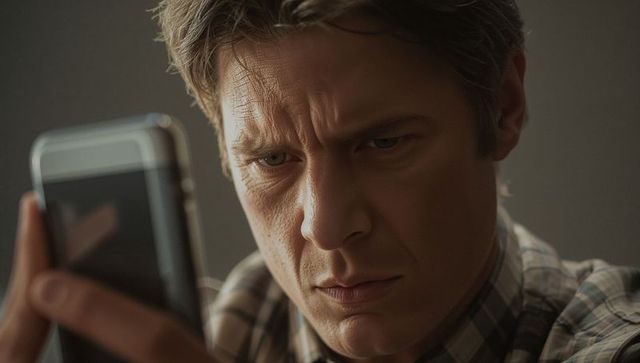 Tense man scrutinizing smartphone screen closeup showing frustration and concentration