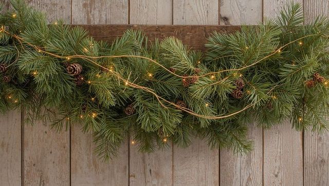 Evergreen pine garland draping over rustic wood planks with pinecones and warm lights