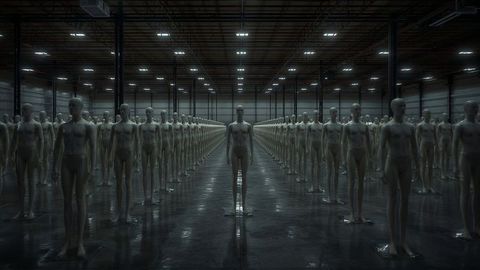 Mannequins Displayed Uniformly in Large Industrial Warehouse Interior