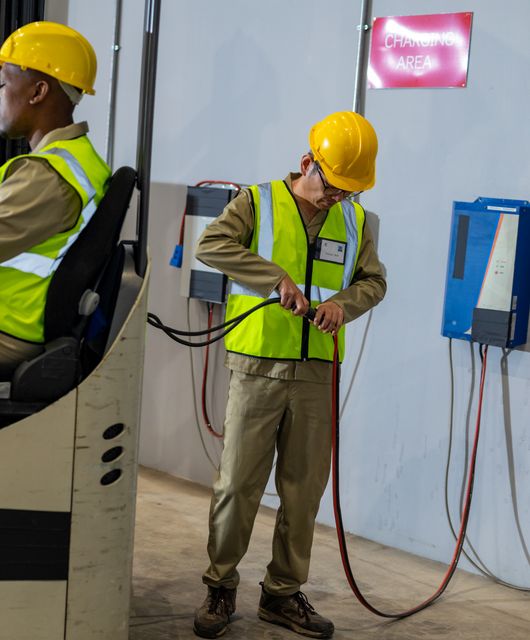 Warehouse workers in high visibility vests and hard hats are seen in a logistics center. One worker is connecting a plug to a forklift while another is seated in the forklift. This image can be used to depict themes of teamwork, safety, and sustainability in industrial and logistics settings. Ideal for illustrating articles or advertisements related to warehouse operations, logistics, and occupational safety.