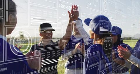 Baseball players celebrating with teamwork and data analysis overlay