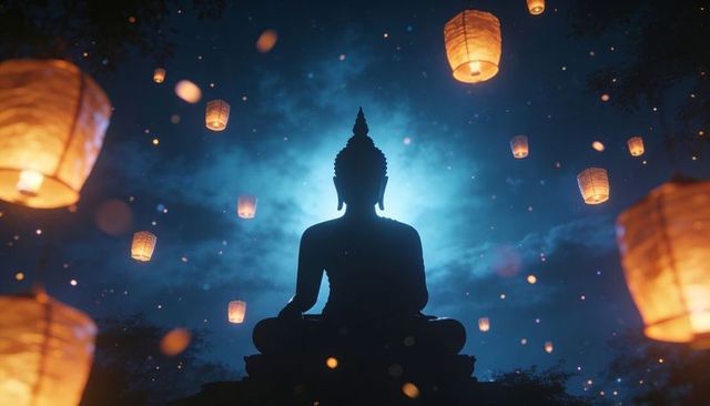 Buddha silhouette meditating beneath moonlit sky with floating lanterns and warm embers
