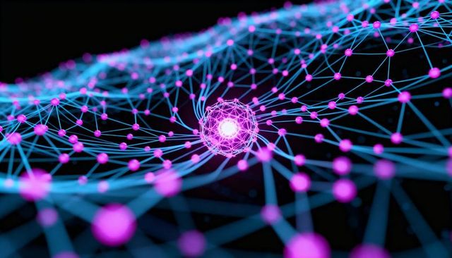 Pulsing neon neural network mesh with glowing magenta core and connected cyan nodes