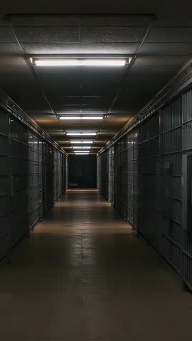 Vertical video traveling down long empty prison corridor with fluorescent lights and barred cells