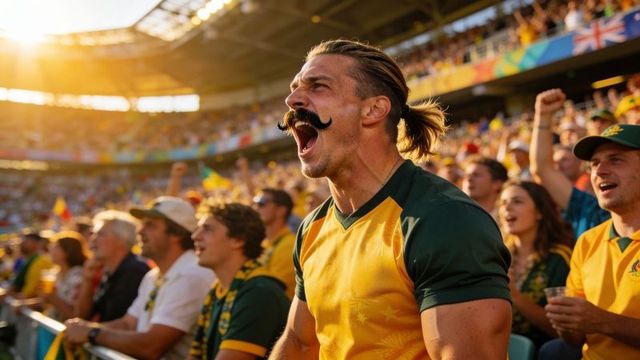 Muscular fan shouting in yellow and green jersey, leaning at railing in sunlit stadium