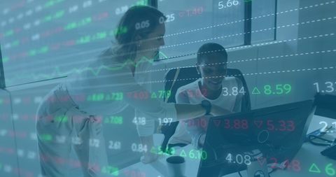 Diverse businesswomen analyzing virtual stock data in modern office